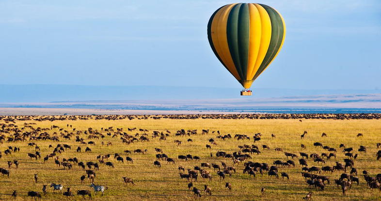 Romantic hot air balloon safari, exploring the wildebeest migration in Tanzania